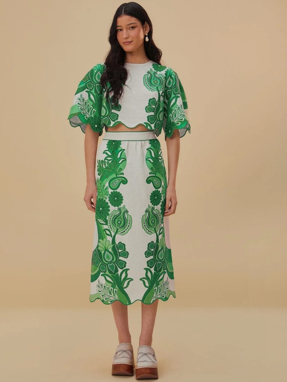 Farm Rio Green Color Festival Euroflax Midi Skirt and Blouse